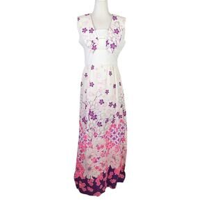 Vintage 60s/70s Hawaiian Barkcloth Maxi Dress White Purple Floral M